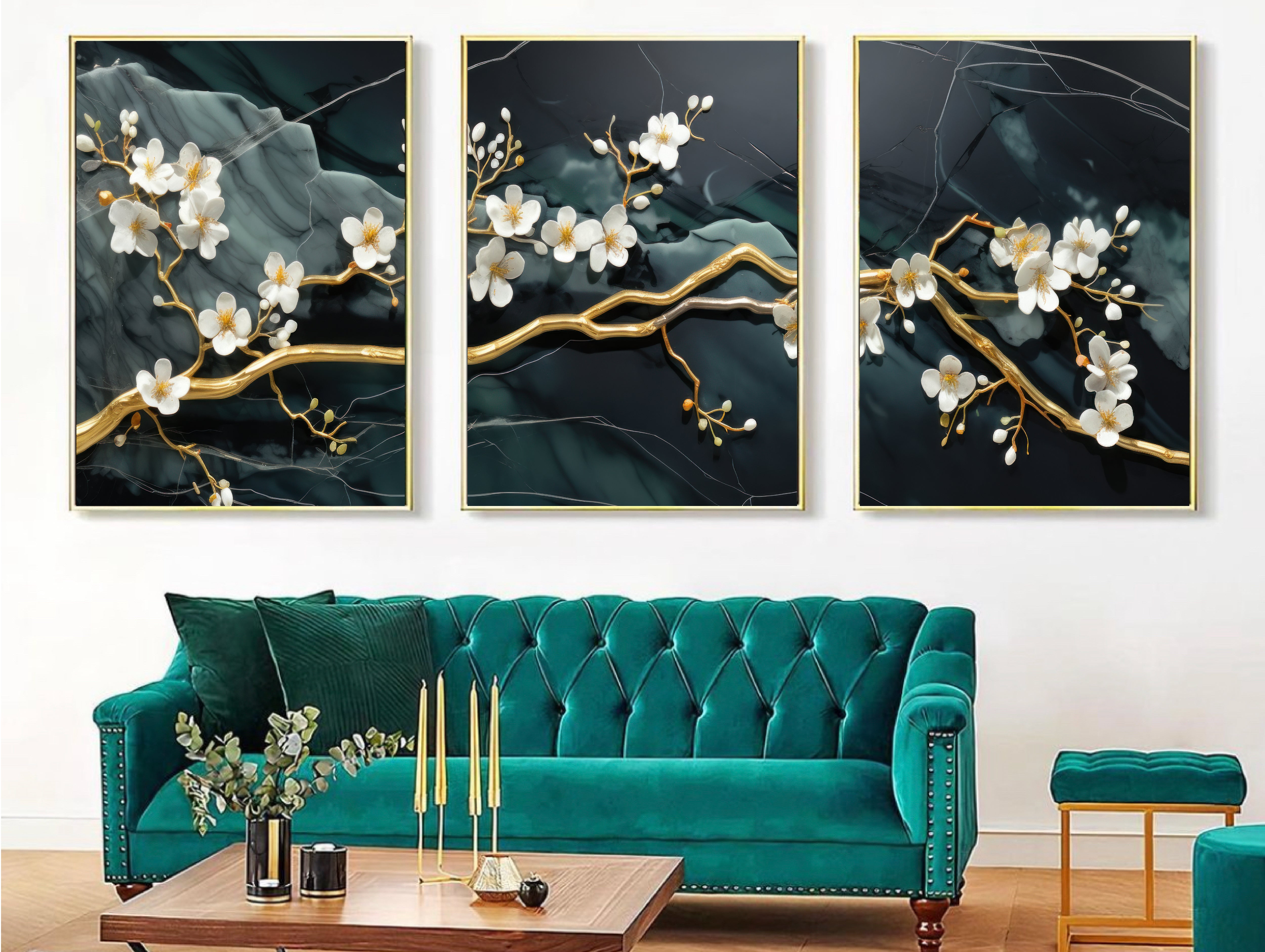 3D Golden Flowers Branches Emerald Marble